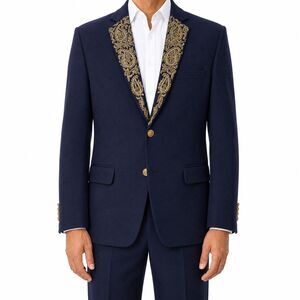 Mens 42R Navy Blue Wool Blazer Hand Embroidered Gold Paisley Tuxedo Suit Jacket